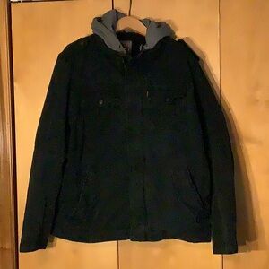 Levi’s black denim coat with Sherpa lining and removable hoodie insert, size XL